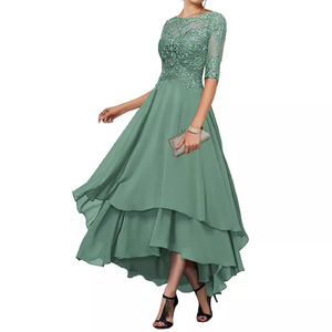 Evening Gown Chiffon A-Line O-Neck Lace Asymmetric High Low Hem For Party Banquet Prom Reunion Adult Ceremony Dresses - Product Image 2