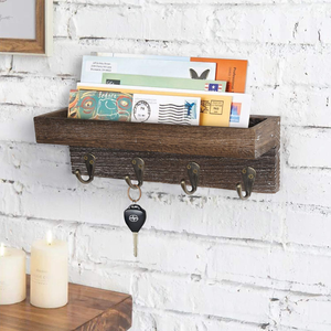 <span class=keywords><strong>Porte</strong></span>-clés mural moderne en bois rustique, organiseur de courrier, étagère flottante à trois niveaux, 4 crochets métalliques, entrée, couloir, chambre, bureau - Product Image 3