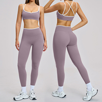 D-TZ9238-2 Ensemble de sport d'été pour femme à séchage rapide, color-block, pour yoga et course à pied, motif uni, dos nu, haut court et moulant