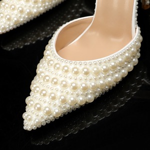 Big Size <b>Ladies</b> Full Pearl Decorated High Heels Pointed Toe Slingback <b>Pumps</b> Elegant <b>White</b> Dress Shoes Women Sexy Heeled Sandals - Product Image 3