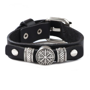 Men's Genuine <b>Leather</b> <b>Bracelet</b> With Compass Snowflake Design Punk Style Jewelry Gift For Men Black Brown Red Green Colors - Product Image 5