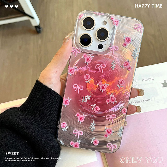 Shiny Silver Pink Bow Rose Swirl Cartoon Design Silicone Gel Shockproof Phone Case for 17 Pro Max for 15/14