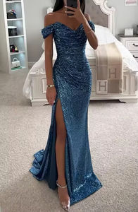 Damen Gold Meerjungfrau Pailletten Abend Party Kleid Schulter Split lange boden lange Abend garderobe für <span class=keywords><strong>Prom</strong></span> Summer XL Chiffon Natural - Product Image 6