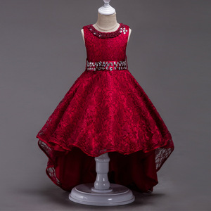 Vestido de Fiesta Rojo con Encaje y Cuentas para Niñas, Cuello Redondo, Dobladillo Asimétrico, Vestido de Noche para Niña de las Flores - Product Image 1