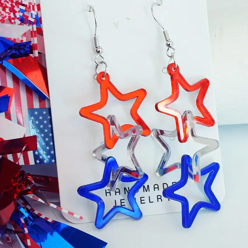 Orecchini pendenti con cuore rosso bianco e blu per le donne 4 ° di July American Star cascata patriottici acrilici pendenti orecchini pendenti