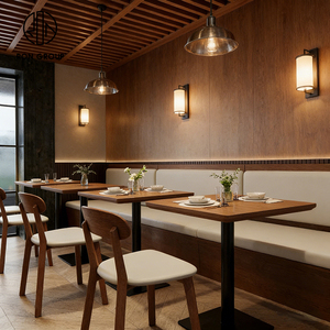 Juego de Mesa y Sillas de Madera Cuadradas para Restaurante o Cafetería de Comida Rápida, con Asientos Tapizados en Cuero Estilo Madera Natural Moderna - Product Image 4