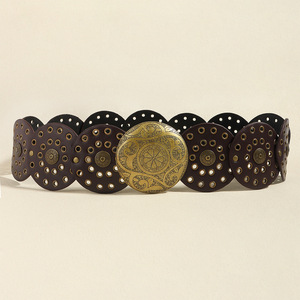 Vente en gros Rétro Punk Grand Rond Rivet Trou <span class=keywords><strong>Ceinture</strong></span> en cuir PU Dames Exagéré Large <span class=keywords><strong>Ceinture</strong></span> en cuir creuse en métal - Product Image 4