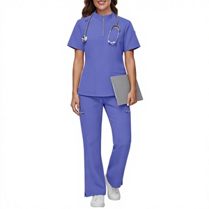 Factory Direct Wholesale OEM <b>Scrubs</b> Unisex Cotton Polyester Woven Zip Front Top Flare Pant Stretch Nursing <b>Scrubs</b> <b>Set</b> Uniform - Product Image 1
