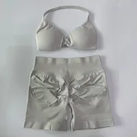 Ensemble de sport LVD416 2 pièces pour femme : Haut de sport à bretelles et short de yoga taille haute froncé – Tenue de sport sans couture pour le fitness