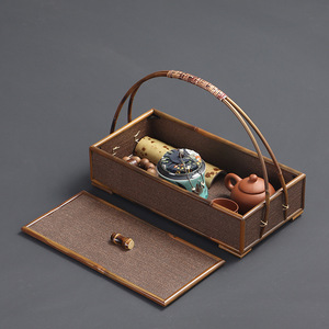 Panier de rangement pour thé en rotin tressé, rectangulaire, marron café, avec poignée, pour accessoires de cérémonie du thé - Product Image 1