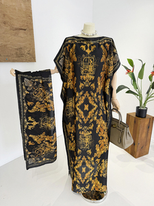 Abaya en satin à imprimé doré <span class=keywords><strong>baroque</strong></span> de luxe, taille unique, longue robe kaftan pour femmes, robe musulmane de mode africaine pour la nuit - Product Image 1