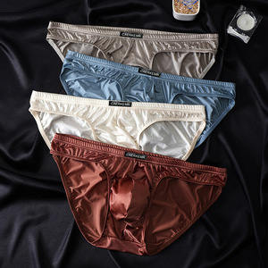 2026 Men's <b>Sexy</b> <b>Thongs</b> With Pouch Breathable Soft Protruding Oil Glossy Satin Ice Silk High Stretch Thin Men Underwear - Product Image 4