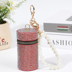 Nouvelle Pochette à Rouge à Lèvres Cylindrique Mini en PU avec Strass, Trousse à Monnaie Portable Simple et Tendance pour Femme avec Fermeture Éclair et Porte-clés - Product Image 4