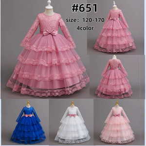 Robe de bal en dentelle bleue pour filles, avec nœud rose, manches longues, jupe en tulle, pour fête d'anniversaire, spectacle sur scène - Product Image 4