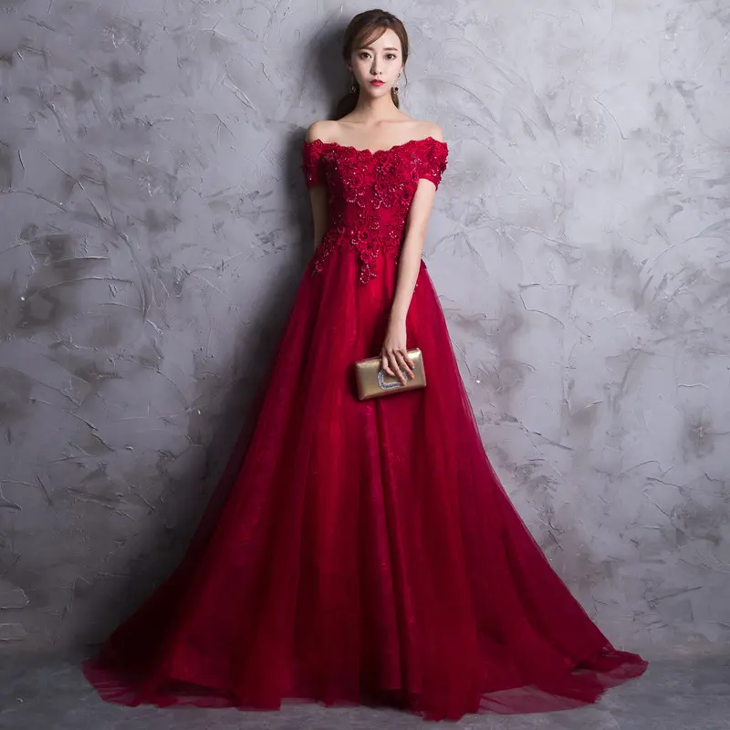 Women's dress factory wholesale wine red lace bridesmaid dress long dress