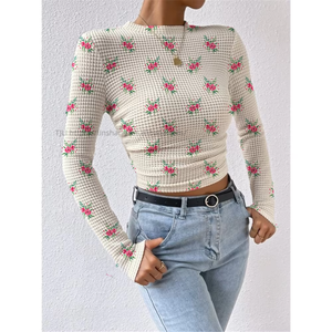 Solid Color Slim Long Sleeve Plaid Round Neck Women's T-Shirt Drawstring <b>Tops</b> Fashion - Product Image 3