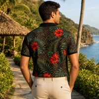 Camiseta Polo Casual de Verano para Hombre, Personalizable con Estampado Digital, de Poliéster y Elastano, Transpirable, de Manga Corta, con Estampado Tropical de Hibisco