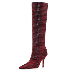 Bottes hautes pour femmes à talon aiguille, confortables, noires, avec fermeture éclair, design personnalisé, entièrement ornées de strass en cristal - Product Image 3