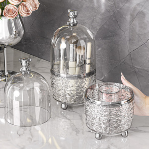 Caja de almacenamiento de cosméticos con tapa, organizador de maquillaje giratorio a prueba de polvo para almacenamiento de brochas, Material plástico gris - Product Image 3