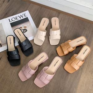 <b>High</b> Quality Stock Summer Women Outer Wear New Style Solid Color Chunky Low <b>Heel</b> Fashion Beach Woven Leather One Strap Sandals - Product Image 1