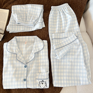 2025 Summer Clouds Cotton Yarn Pajamas Blue Lattice Embroidered <strong>Dog</strong> Women's Cartoon Comfortable Three-Piece - Product Image 5