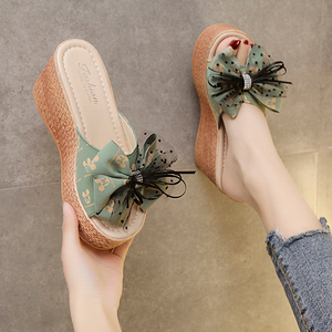 Mules compensées pour femmes, version coréenne, avec nœud papillon et fleur, talons hauts rehaussants, chaussures tendance - Product Image 4