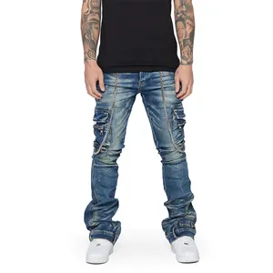 DiZNEW benutzer definierte Cargo-Tasche schwarz gestapelte Männer Boot Cut Jeans Stapel Bein Jeans gestapelt Streetwear Jeans Männer