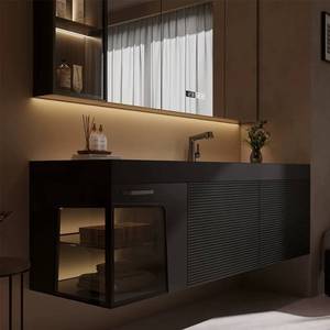 Contemporary <b>Wall</b> Mounted Bathroom Vanity With LED Arc <b>Mirror</b> Ceramic Basin 60 In MDF Minimalist Design - Product Image 4