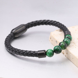 Tiger Eye Leather <b>Bracelet</b> 6mm Beaded Woven Magnetic Bangle Unisex Gift Jewelry - Product Image 4