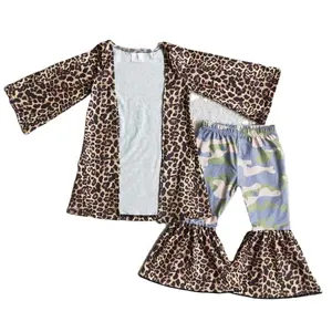 RTS High Quality Leopard Cardigan Girl Clothes Bell Bottom Pants Cute Camo Pattern 2 Pcs Suit RTS Boutique Children's Clothing