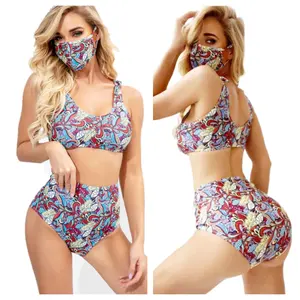 2022 Womens Swimwear Set Digital Print Bikini Set Sexy 3 Pieces Bandeau Swimsuit With Ma sk High Waist Bathing Suit With Ma sks