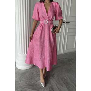 Vestido Cruzado Rosa Brillante con Cinturón, Corte A, Tejido, para Fiesta o Casual, Cintura Natural, Transpirable - Product Image 2