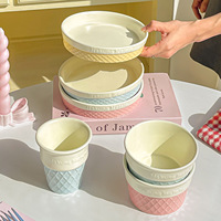 Ensemble bol et assiette en céramique style coréen Ins, motif blocs de couleur crème glacée, design en relief mignon, compatible micro-ondes, pour riz, dessert, salade