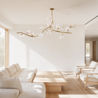 Lustre Jingshi Lighting en forme de branche d'arbre dorée, avec des boules de verre laiteux denses sur un tige métallique courbée, lumière de plafond pour la maison au éclat chaleureux