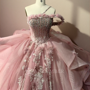 Gaun Pesta Pink Off Shoulder Big Train <span class=keywords><strong>Prom</strong></span> Tiered Vestidos De 15 Formal Princess Ball Gown Sweet 16 Quinceanera Lsmc24-2 - Product Image 2