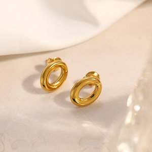 Boucles d'oreilles clous en acier inoxydable plaqué or 18 carats, design géométrique elliptique en forme de O, bijoux minimalistes tendance pour femmes - Product Image 4