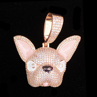 Pendentif Bouledogue Français Hip-hop de Bonne Qualité, Pendentif Tête de Chien Tendance en CZ Sertie de Pierres, Livré avec Chaîne Cordon Gratuite