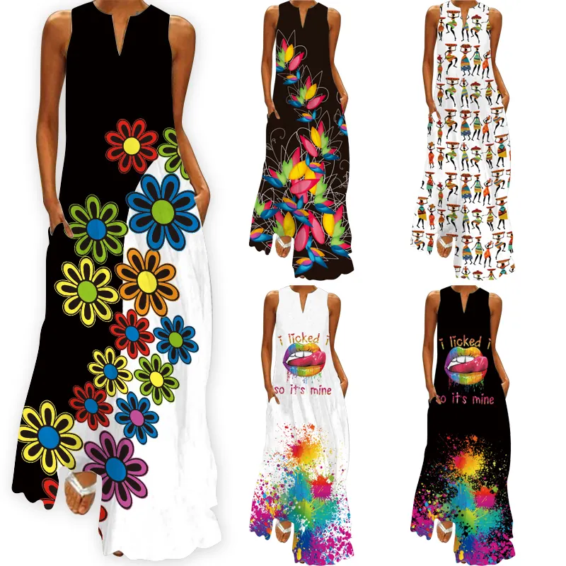 Wholesale Hot Sale Vestidos De Mujer Casual Women Loose V-Neck Ladies Digital Printing Custom Pattern Long Dress