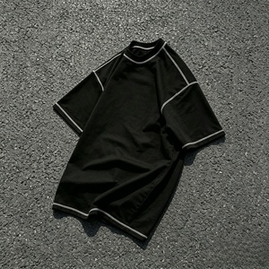 Camiseta Negra Oversize de Manga Corta para Hombre, Cuello Redondo, Ribete en Contraste, Estilo Urbano, Tejido de Punto - Product Image 3
