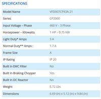 Variateur de fréquence Delta VFD007CP43A-21 Série CP2000 Monophasé/Triphasé 0,75KW 460V pour moteur AC 1HP IP20