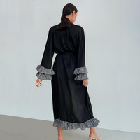 Chemise de nuit longue en satin noir à pois pour femme RUIYI, manches longues, volants – Sexy, longueur intégrale, pour printemps/été/automne, douce