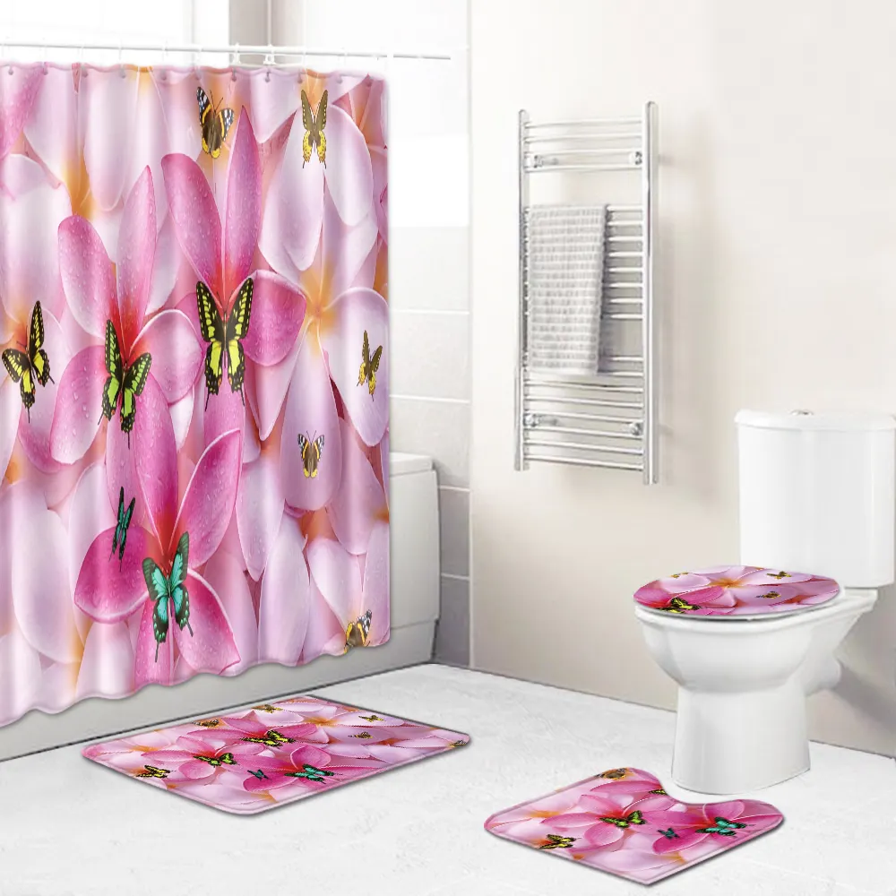 3d Print Bathroom Curtains Natural Scenery Four-piece Set With Bath Rug Toilet Seat Cover Mat Shower Curtain Toilet Floor Mats