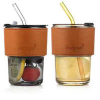 Tasse à café en verre borosilicate personnalisée avec paille et couvercle en verre, housse en cuir personnalisée avec logo, gobelet transparent vierge de 400 ml