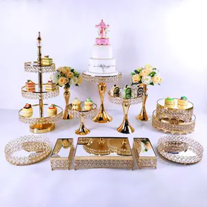 Luxo Pérola Cristal Espelho Top Bolo Stand Decoração Do Partido De Casamento Rodada Ouro Bolo Pedestal Metal Display Bolo Stand Set