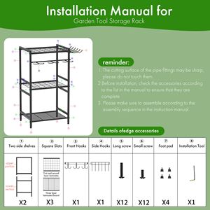 3 Tier Home Garage Warehouse Metal Garden Tools Vertical Organizer Storage Trellis Stand Hanging Bracket Rack <b>Shelves</b> With <b>Hooks</b> - Product Image 4
