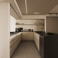 Îlot de cuisine et salle à manger intégrés, style moderne et minimaliste, couleur crème, mobilier sur mesure pour toute la maison, idéal pour les petits projets hôteliers et résidentiels.