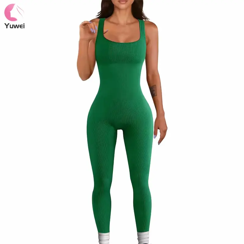 Butt Lift One Piece Ribbed Workout Outfits Exercise Seamless Tight Fitting Bodycon Yoga Jumpsuit