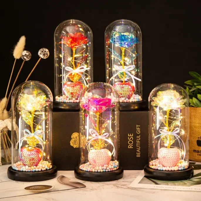 Vente en gros de roses enchantées Romantic Love dans un dôme en verre avec lumière LED Meilleur cadeau d'anniversaire de Saint-Valentin pour elle