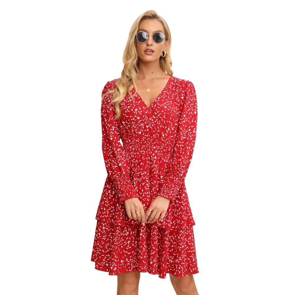 European and American temperament ice silk bright red long sleeved floral Jumpsuit lotus leaf dress