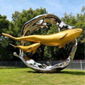 Moderne Edelstahl-Delfin-Skulptur Poliert Abstraktes Wellendesign Marmorsockel für Hotellobby Große Größe Geschweißt - Product Image 4